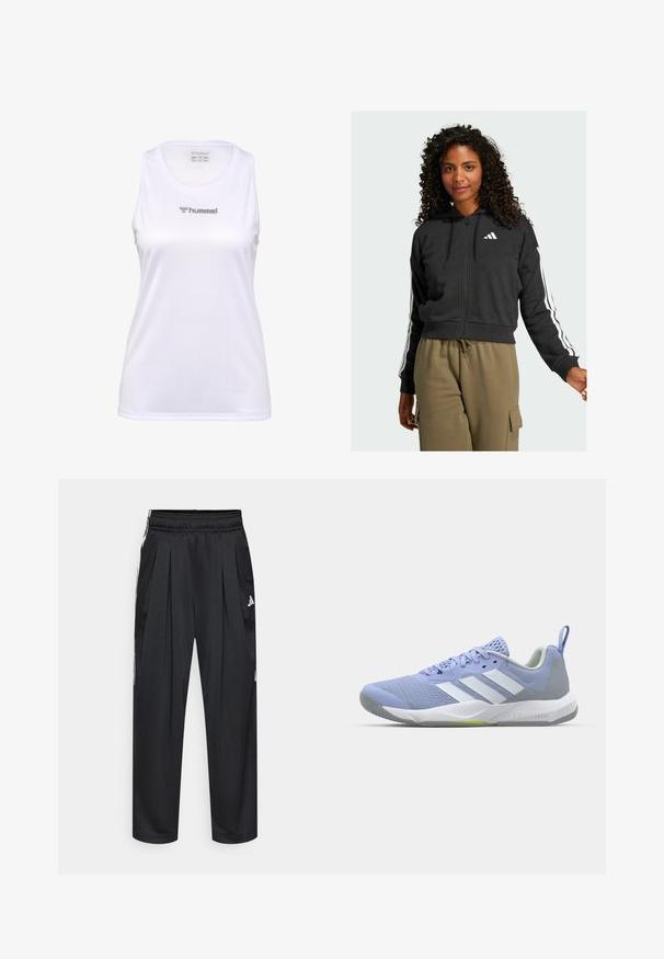 Schwarze Zip-Hoodie mit Kordelzug und weißem Adidas-Logo auf der Brust; verfügt über weiße Streifenakzente entlang der Ärmel.; Weißes ärmelloses Sport-Tanktop aus strukturiertem Stoff, mit einem runden Ausschnitt und einem silbernen "hummel"-Logo auf der Vorderseite.; Schwarze Sporthose mit Bundfalten, elastischem Bund und Seitenstreifen. Hergestellt aus glattem Stoff, mit dem weißen Adidas-Logo.; Lila Sportschuh mit Mesh-Obermaterial, weißem Drei-Streifen-Design, grauem Absatz, hellgrünen Akzenten und strukturiertem Sohlenprofil für besseren Halt.