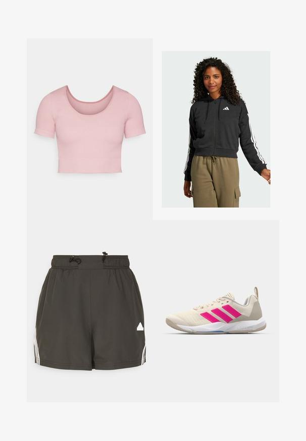 Čierna mikina na zips s kapucňou a bielym logom Adidas na hrudi; má biele pásiky pozdĺž rukávov.; Ružový rebrovaný kratší top s krátkym rukávom, ktorý má zaoblený výstrih a priliehavý strih. Hladká textúra s čistým, jednoduchým dizajnom.; Čierne športové šortky s elastickým pásom, sťahovacou šnúrkou, bočnými bielymi pruhmi a malým bielym logom na dolnom leme. Hladká textúra.; Béžová atletická obuv s ružovým logom trojpruhov, textúrovaný sieťový zvršok, polstrovaný golier a biela gumová podrážka s označením "LIGHTSTRIKE".