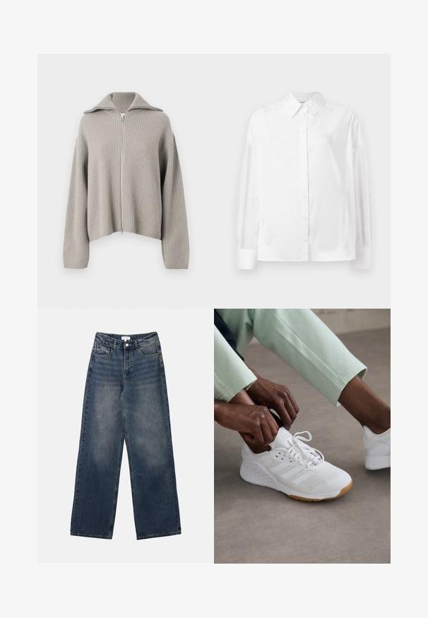 Sweater cinza-claro canelado com fecho zip e colarinho alçado. Apresenta um tecido texturizado e um design curto.; Camisa branca de mangas longas com botões, em um suave misto de algodão. Apresenta um colarinho clássico, fechamento frontal com botões e punhos arredondados.; Jeans de denim azul de cintura alta para homens, com pernas largas, fecho frontal com botão e zip, e bolsos frontais e traseiros.; Sapatilha atlética branca com parte superior em rede, sola de borracha e design de três riscas. O cadarço está a ser ajustado; roupa em cinza claro e verde menta visível.