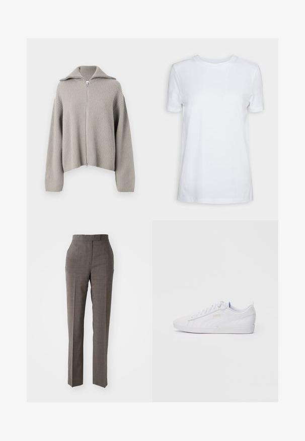Suéter de cremallera acanalado gris claro con cuello extendido y hombros caídos. Presenta un tejido texturizado y un diseño recortado.; Camiseta blanca de manga corta hecha de algodón. Diseño de cuello redondo con una textura suave y sin patrones ni acentos visibles. Estilo básico.; Pantalones grises a medida con pierna recta, tejido texturizado, cintura de altura media y dos bolsillos frontales. Sin cierres visibles ni patrones.; Zapatilla baja blanca de Puma con cierre de cordones en la parte delantera, un logo sutil en el lado y la suela, y una parte superior de material sintético suave para uso casual.