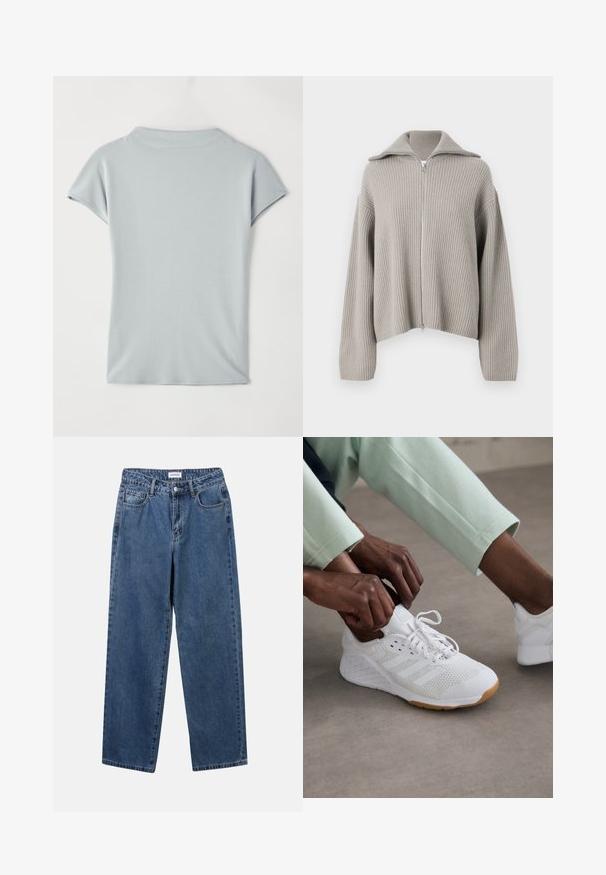 Vaaleanharmaa ribattu vetoketjullinen neule, jossa on avokollaari ja laskeutuneet olkapäät. Sisältää tekstuuripintaisen kankaan ja lyhyennetyn muotoilun.; Vaaleansininen lyhythihainen paita, joka on valmistettu pehmeästä kankaasta. Paidassa on pyöreä kaula-aukko ja hillitty ryppytys rentoa istuvuutta varten. Ei kuvioita tai korostuksia.; Classiset siniset farkut suoran lahkeen muotoilulla, viidellä taskulla ja napillakaan. Ominaisuudet: keskivahva pesu ja kestävä rakenne.; Valkoinen urheilukenkä, jossa on verkkomateriaali päällä, kumiulkopohja ja kolme raitaa designissa. Nyörejä säädetään; vaaleanharmaita ja mintunvihreitä vaatteita näkyvissä.