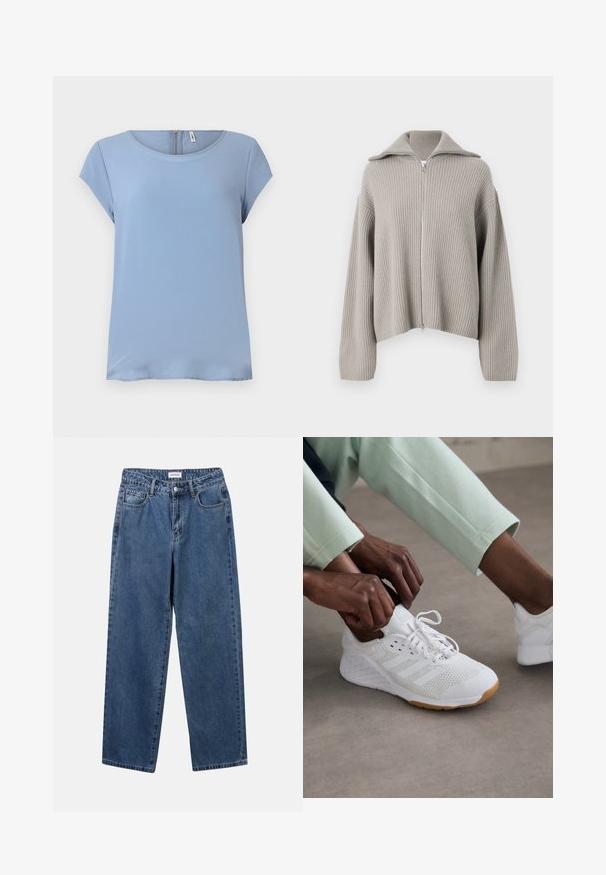 Maglione grigio chiaro a coste con zip, colletto aperto e spalle basse. Presenta un tessuto testurizzato e un design corto.; Top azzurro chiaro a maniche corte con scollatura rotonda e chiusura con zip sul retro. Tessuto liscio con una leggera texture e vestibilità morbida.; Jeans in denim blu classico con design a gamba dritta, cinque tasche e chiusura con bottone. Presentano un lavaggio medio e una trama robusta.; Scarpa sportiva bianca con tomaia in rete, suola in gomma e design a tre strisce. I lacci vengono regolati; visibili abbigliamento grigio chiaro e verde menta.