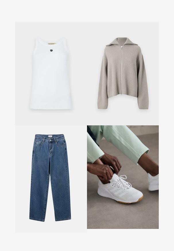 Svetro v svetlo sivi barvi z rebrasto teksturo in zadrgo, s širokim ovratnikom in spušenimi rameni. Ima teksturirano tkanino in skrajšan dizajn.; Bela brezrokavna majica iz bombaža z okroglim izrezom in majhnim logotipom črnega medveda na sredini. Gladka tekstura.; Klasične modre jeans hlače s ravnim krojem, petimi žepi in gumbom za zapiranje. Imajo srednje pranje in trdno teksturo.; Bela atletska čevlja z mrežnim zgornjim delom, gumijastim podplatom in dizajnom s tremi črtami. Vezalke se prilagajajo; vidne so svetlo siva in meta zelena oblačila.