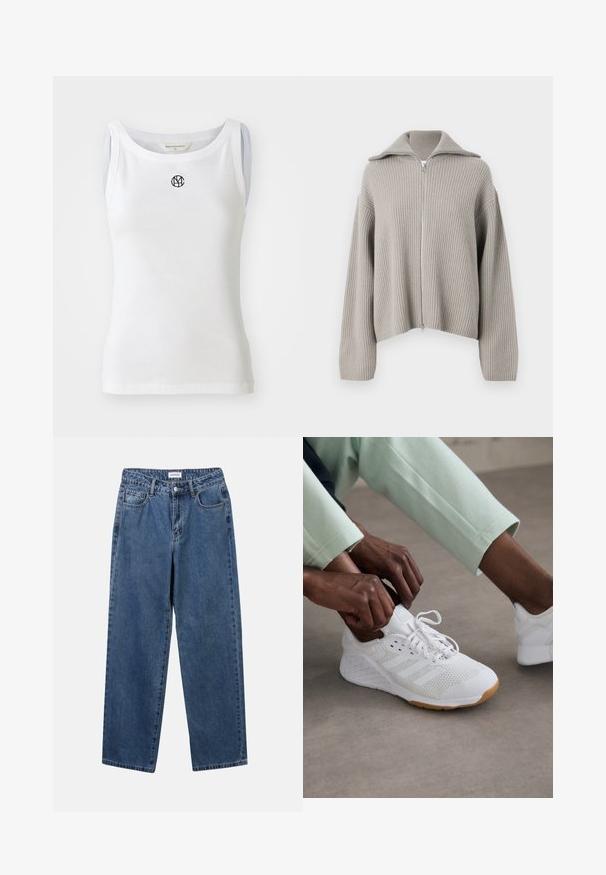 Hellgrauer, gerippter Reißverschluss-Pullover mit aufgeschlagenem Kragen und überschnittenen Schultern. Verfügt über einen strukturierten Stoff und ein kurzes Design.; Weißes Tanktop aus geripptem Stoff mit einem runden Ausschnitt und einem schwarzen Logo auf der Vorderseite. Ärmelloses Design mit einer taillierten Silhouette.; Klassische blaue Denim-Jeans mit geradem Bein, fünf Taschen und Knopfverschluss. Sie verfügen über eine mittelblau gewaschene Optik und sind aus robuster Textur.; Weißer Sportschuh mit einem Mesh-Obermaterial, Gummisohle und einem Design mit drei Streifen. Die Schnürsenkel werden ajustiert; hellgraue und mintgrüne Kleidung ist sichtbar.