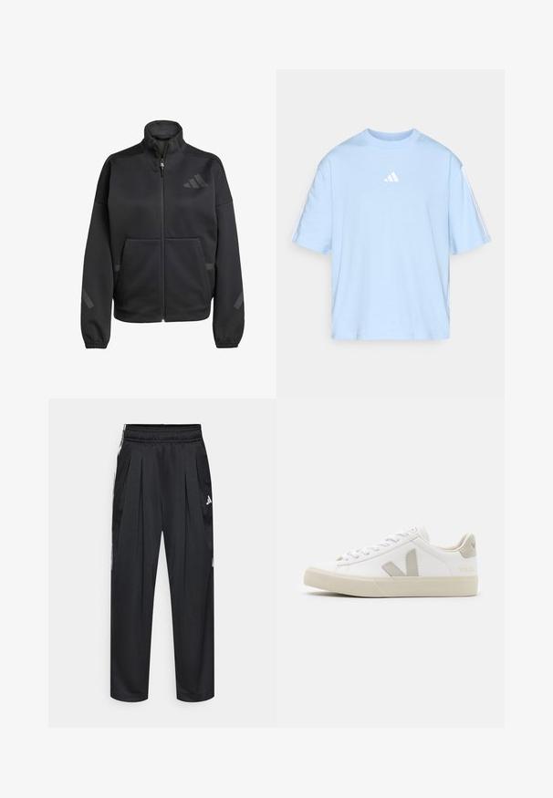 Jachetă neagră cu fermoar, confecționată din material moale, având un guler înalt, două buzunare frontale și accente reflectorizante într-un design elegant.; Tricou bleu deschis din bumbac, cu decolteu rotund, mâneci scurte și un logo alb pe piept. Prezintă dungi albe pe mâneci.; Pantaloni sportivi negri cu pliuri, talie elastică și dungi laterale. Confecționați dintr-un material neted, având logo-ul Adidas alb.; Adidași albi din piele cu accente gri ale logo-ului V, talpă din cauciuc texturat, șireți albi și limbă și guler căptușite.