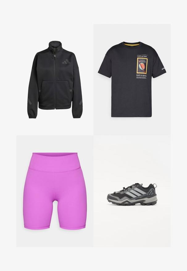 Črna jakna z zadrgo, izdelana iz mehke tkanine, z visokim ovratnikom, dvema sprednjima žepoma in odsevnimi detajli v elegantnem dizajnu.; Črna bombažna majica s kratkimi rokavi, ki na sprednji strani prikazuje barvno grafiko in besedilo National Geographic, s kontrastnimi rumenimi akcenti.; adidas Performance ALL ME ESSENTIALS SHORT LEGGINGS - Pajkice - purple burst; Črne in sive pohodniške čevlje z teksturirano površino, gumijastim podplatom in tremi izrazitimi sivimi črtami ob strani; imajo sistem hitrega vezanja.