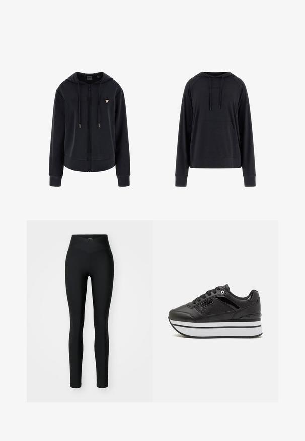 Guess Tröja med dragkedja - noir; Svart huvtröja med känguruficka, långa raglanärmar och präglad logotypdetalj på framsidan, tillverkad av mjukt tyg.; Svarta leggings tillverkade av stretchigt tyg, med en hög, korsad midja och åtsittande design. Slät textur utan synliga mönster eller detaljer.; Svarta plattformssneakers med strukturerad syntetisk ovandel, vita horisontella ränder på mellansulan och svarta snören. Har diskreta logotypdetaljer.