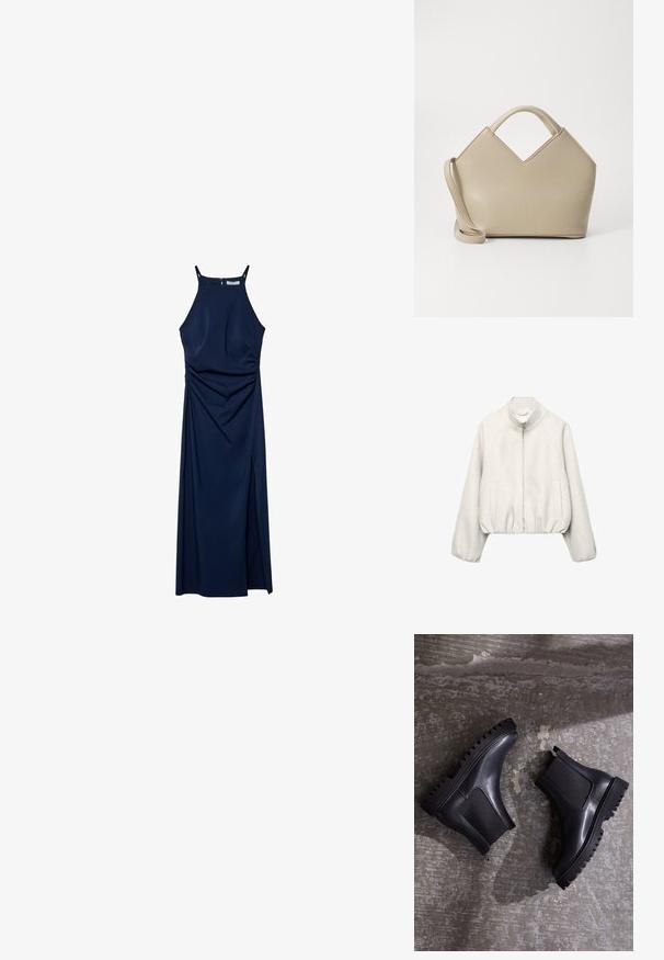 Giacca corta beige chiaro in tessuto morbido, con collo alla coreana, chiusura con zip, maniche raglan e orlo elasticizzato. Inclusa una doppia tasca frontale.; Abito senza maniche blu navy con corpino aderente, dettagli drappeggiati sui lati e una fessura laterale. Tessuto liscio e chiusura con zip sul retro.; Stivali neri alla caviglia con suola spessa, pannelli elasticizzati e finitura in pelle liscia. Suola rigata evidente e silhouette elegante.; Borsa a mano strutturata beige con un'apertura a V, in pelle liscia, manici corti e una lunga tracolla regolabile. Design minimalista.