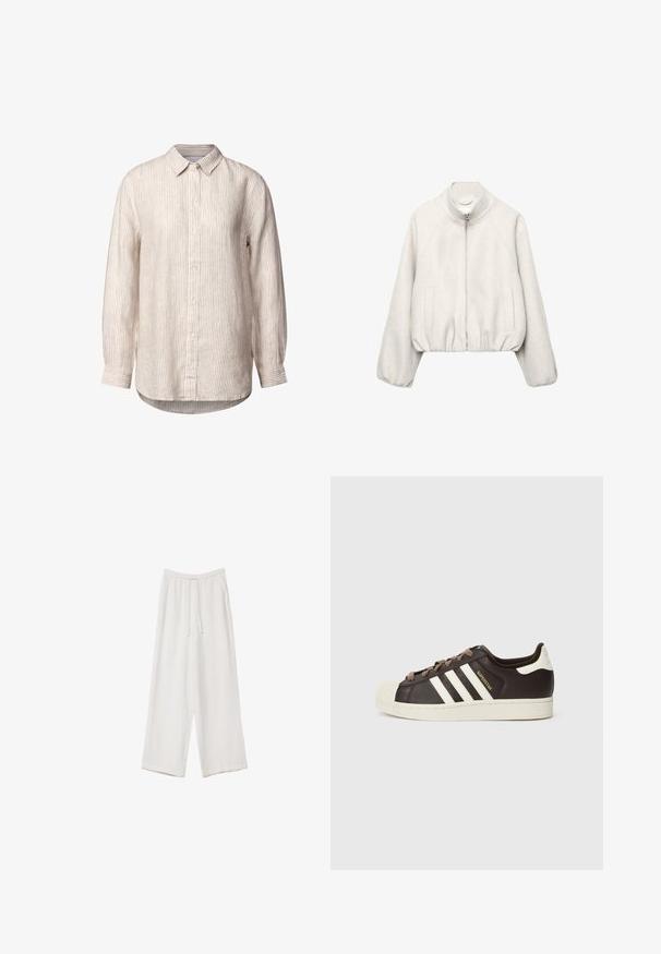 Lichtbeige cropped jack in zachte stof, met een opstaande kraag, ritssluiting, raglanmouwen en elastische zoom. Voorzien van twee steekzakken aan de voorkant.; Licht beige overhemd met knopen en dunne verticale strepen, van katoen, lange mouwen, een kraag en een afgeronde zoom. Heeft witte knopen.; Witte wijde broek gemaakt van een lichte stof. Voorzien van een elastische tailleband met een trekkoord en zijzakken. Zachte textuur.; Low-top Adidas Superstar sneaker in donkerbruin leer met crème shell-toe, witte strepen en de tekst "Superstar" aan de zijkant.