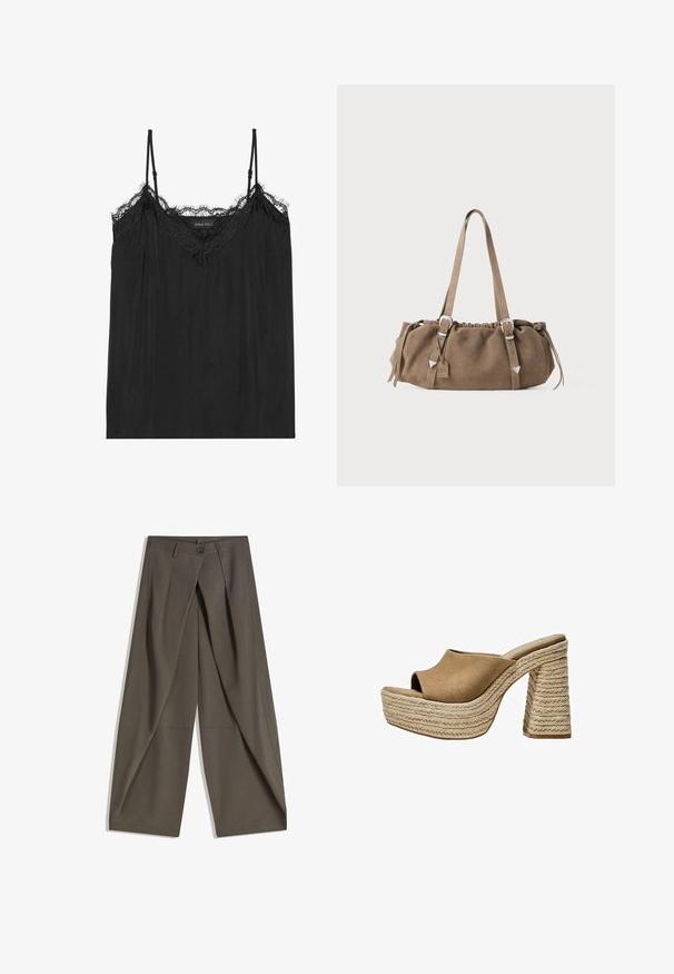 Svijetlo bež kratka jakna od mekanog tkanja, s ovratnikom koji stoji, zatvaranjem na patentni zatvarač, raglan rukavima i elastičnim rubom. Uključene su dvije prednje džepove.; Crna majica bez rukava s podesivim trakama na ramenima, s valovitom čipkastom obrubom duž dekoltea i laganom, mekanom teksturom tkanine.; Hlače širokog kroja izrađene od teksturirane tamnosive tkanine. Imaju prednji plis, kopčanje na gumb i bočne džepove za praktičnost.; Smeđe antilopne platforme mule s otvorenom prstima, koje imaju čvrsti pleteni jutu potplat i glatki, zaobljeni gornji dizajn.; Smeđa nubuk torba s nabranim vrhom, srebrnim metalnim detaljima i dva remena za nošenje. Karakterizira je pravokutni oblik i minimalistički dizajn.