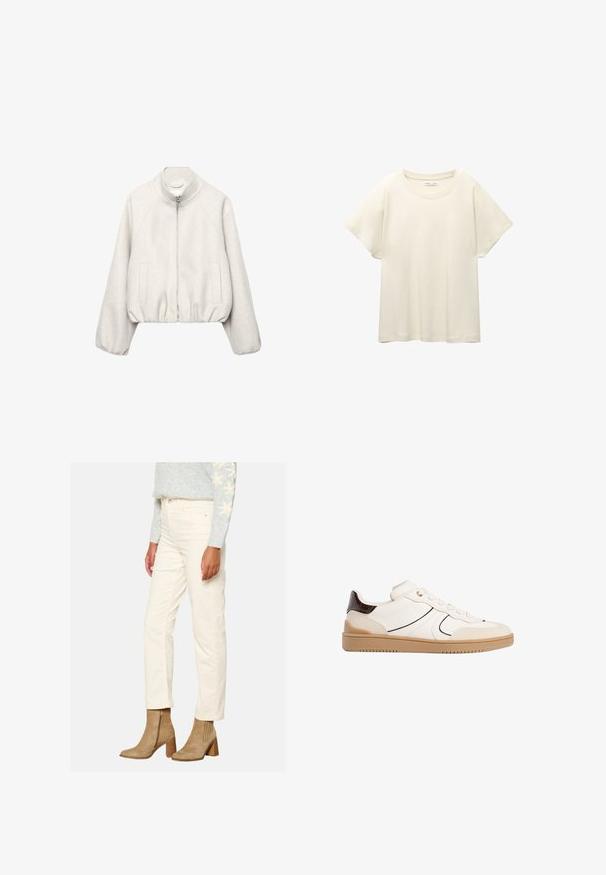 Rahločena svetlo bež jakna iz mehke tkanine, z ovratnikom, zadrgo, raglanskimi rokavi in elastičnim robom. Vključuje dve sprednji žepi.; Svetlo bež kratkosleeven majica s okroglim ovratnikom, izdelana iz mehke, gladke tkanine. Ima sproščen kroj in raven rob.; Karamelno obarvane kordne hlače s slim fit krojem, ki imajo sprednje žepke in gladko teksturo, v kombinaciji s svetlo rjavimi gležnjarji.; Stradivarius Športni copati - white
