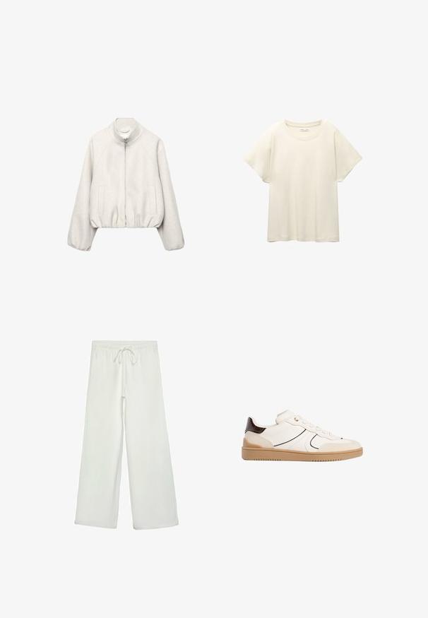 Lichtbeige cropped jack in zachte stof, met een opstaande kraag, ritssluiting, raglanmouwen en elastische zoom. Voorzien van twee steekzakken aan de voorkant.; Lichtbeige t-shirt met korte mouwen en een ronde halslijn, gemaakt van zachte, gladde stof. Heeft een ontspannen pasvorm en een rechte zoom.; Witte wijde broek van zacht materiaal. Heeft een elastische tailleband met een trekkoord en een gladde textuur. Geen zichtbare patronen of hardware.; Stradivarius Sneakers laag - white