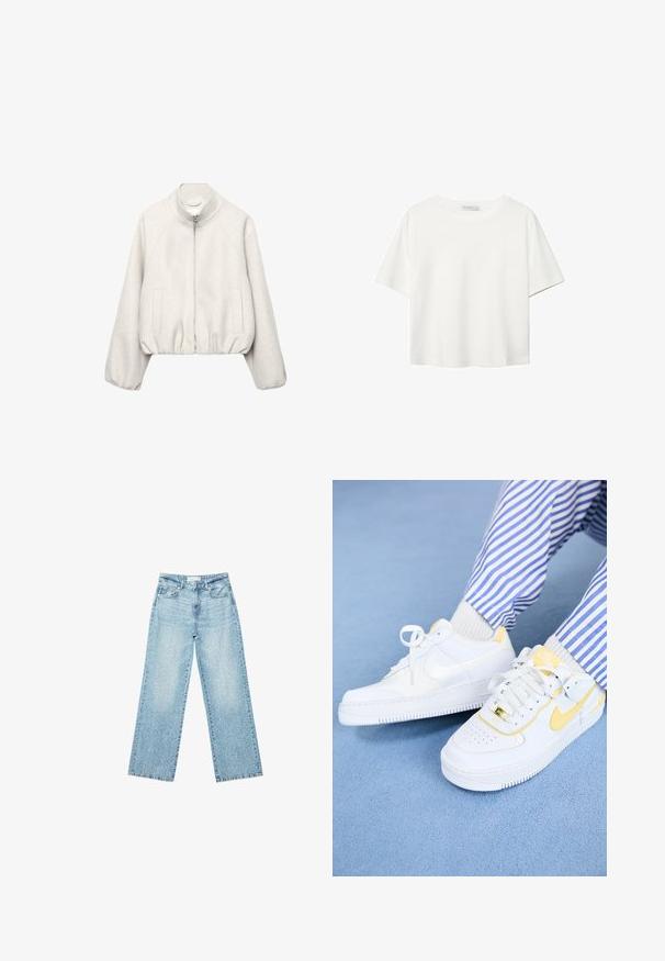 Svijetlo bež kratka jakna od mekanog tkanja, s ovratnikom koji stoji, zatvaranjem na patentni zatvarač, raglan rukavima i elastičnim rubom. Uključene su dvije prednje džepove.; Bijela majica kratkih rukava od pamuka. Ima okrugli izrez i opušteni kroj. Glatka tekstura bez vidljivih uzoraka ili naglasaka.; Svijetloplave široke traperice s visokim strukom, s izbljeđenim pranjem i malim, raštrkanim oštećenjima na cijeloj površini.; Bijele Nike Air Force 1 tenisice s žutim akcentima i perforiranim prednjim dijelom, uparene s prugastim plavim i bijelim hlačama. Teksturirana plava pozadina.