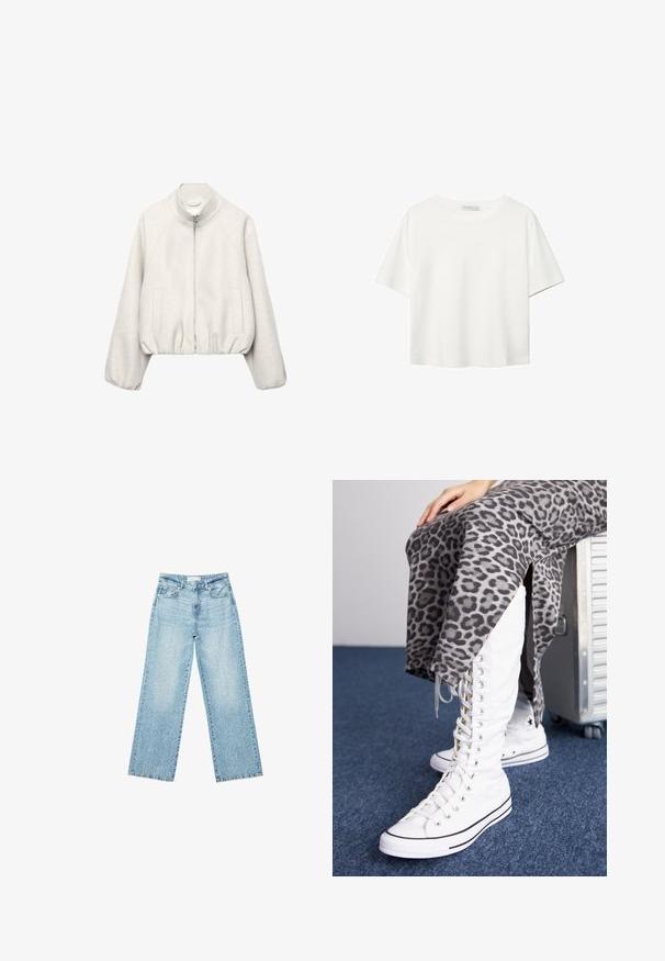 Rahločena svetlo bež jakna iz mehke tkanine, z ovratnikom, zadrgo, raglanskimi rokavi in elastičnim robom. Vključuje dve sprednji žepi.; Bela kratka majica s kratkimi rokavi iz bombaža. Ima okroglo izrezovanje in sproščen kroj. Gladka tekstura brez vidnih vzorcev ali poudarkov.; Svjetloplave široke traperice s visokim strukom, s izblijedjelim pranjem i malim, raštrkanim oštećenjima po cijelom dijelu.; Biele čipkovacie topánky s vysokým golierom, vyrobené z plátna, majú čierne akcenty. Kombinované so sivou sukňou s leopardím vzorom, ktorá má bočné rozparky.