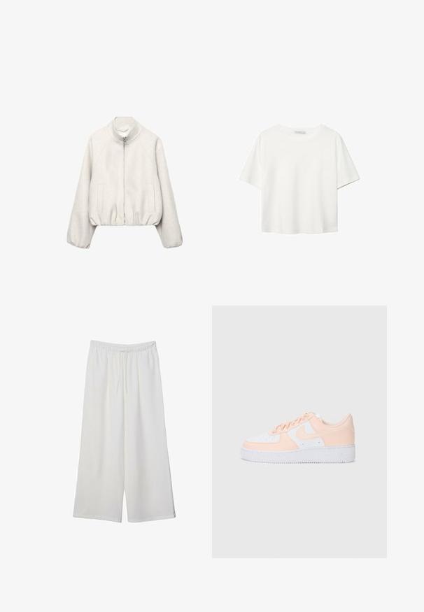 Ljusröd kort jacka i mjukt tyg, med ståkrage, dragkedja, raglanärmar och elastisk fåll. Två framfickor ingår.; Vit t-shirt med kort ärm i bomull. Har en rundad halsringning och en avslappnad passform. Slät textur utan synliga mönster eller detaljer.; Vita vida byxor i lätt tyg med elastisk midja och dragsko för justerbar passform. Mjuk textur.; Nike Air Force 1-sneakers har en ovandel av vitt läder med mjuka rosa accenter. Gummisulan är texturerad för bra grepp. Klassisk design och snörning.