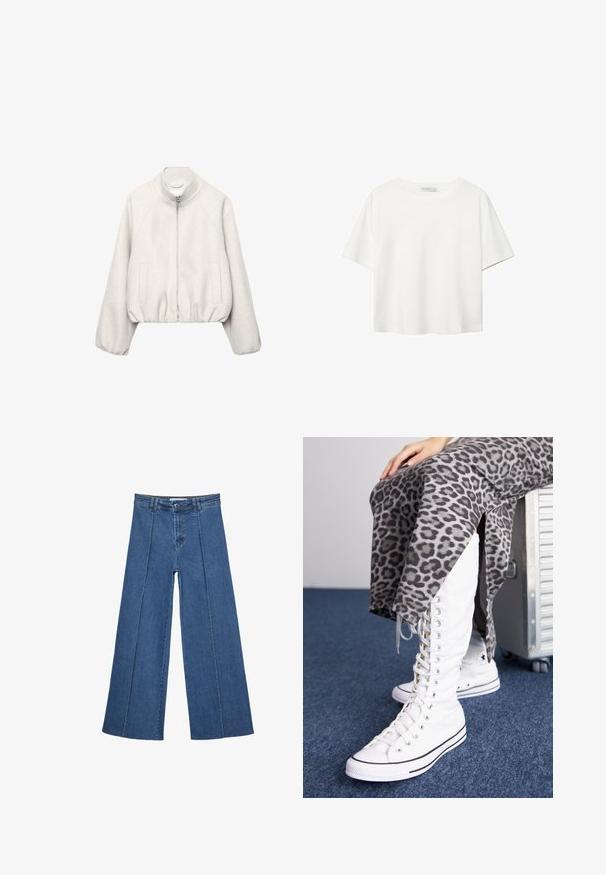 Svijetlo bež kratka jakna od mekanog tkanja, s ovratnikom koji stoji, zatvaranjem na patentni zatvarač, raglan rukavima i elastičnim rubom. Uključene su dvije prednje džepove.; Bijela majica kratkih rukava od pamuka. Ima okrugli izrez i opušteni kroj. Glatka tekstura bez vidljivih uzoraka ili naglasaka.; Široke traperice u srednje plavoj boji, s visokim strukom, zatvaranjem na dugme i kontrastnim vertikalnim šavovima duž prednje strane.; Bijele čizme sa vezanjem i visokim okovratnikom, napravljene od platna, imaju crne akcenti. Uparene su s suknjom s printom leoparda u sivoj boji koja ima bočne proreze.