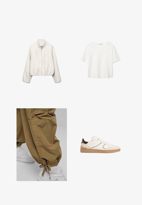 Hellbeige, kurz geschnittene Jacke aus weichem Stoff, mit Stehkragen, Reißverschluss, Raglanärmeln und elastischem Saum. Zwei Fronttaschen inklusive.; Weißes T-Shirt mit kurzen Ärmeln aus Baumwolle. Hat einen Rundhalsausschnitt und eine lockere Passform. Glatte Textur ohne sichtbare Muster oder Akzente.; Khakifarbene Cargo-Hosen mit elastischen Bündchen, seitlichen Taschen und einer weichen Textur, kombiniert mit weißen Sneakers. Lässiges Design, das sich für den Alltag eignet.; Stradivarius Sneaker low - white