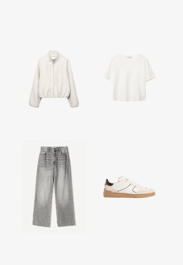 Vaaleanbeige lyhyt takki pehmeästä kankaasta, jossa on pystykäärme-kaulus, vetoketjukiinnitys, raglansihat ja joustava helma. Mukana kaksi etutaskua.; Valkoinen lyhythihainen T-paita, joka on tehty puuvillasta. Siinä on pyöreä kaula-aukko ja rento malli. Silkkinen pinta ilman näkyviä kuvioita tai koristeita.; Leveissä mustissa farkuissa on korkeampi vyötärö, viiden taskun muotoilu ja kontrastiväriset tikkaukset tekstuurin lisäämiseksi.; Stradivarius Matalavartiset tennarit - white