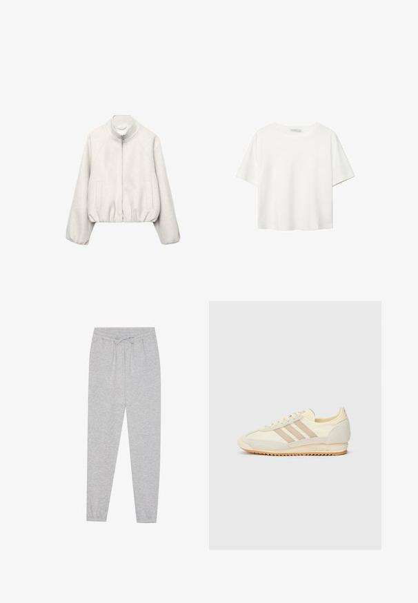 Svijetlo bež kratka jakna od mekanog tkanja, s ovratnikom koji stoji, zatvaranjem na patentni zatvarač, raglan rukavima i elastičnim rubom. Uključene su dvije prednje džepove.; Bijela majica kratkih rukava od pamuka. Ima okrugli izrez i opušteni kroj. Glatka tekstura bez vidljivih uzoraka ili naglasaka.; Sive trenerke s mekim materijalom, elastičnim pojasom i detaljem vezice. Suženi kroj nogavica s ležernim fitom.; Kremaste atletske tenisice s tri bež pruge, od nubuk kožne i tekstilne tkanine, s teksturiranim potplatom i utisnutim brendiranjem na peti.