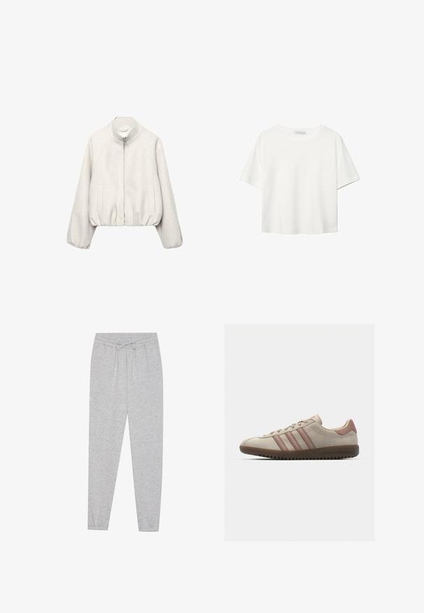 Svetložltá krátka bunda z mäkkého materiálu, vybavená stojatým golierom, zapínaním na zips, raglánovými rukávmi a elastickým lemom. Súčasťou sú dve predné vrecká.; Biela krátkopsová tričko vyrobené z bavlny. Má okrúhly výstrih a voľný strih. Hladká textúra bez viditeľných vzorov alebo akcentov.; Sivé tepláky s jemnou textúrou, elastickým pásom a detailom na šnúrku. Zúžený strih nohavíc s voľným strihom.; Béžové semišové tenisky s ružovými akcentmi, obsahujúce tri prekrývajúce sa pruhy, textúrovaný špičkový cap a gumovú podrážku s drážkami.