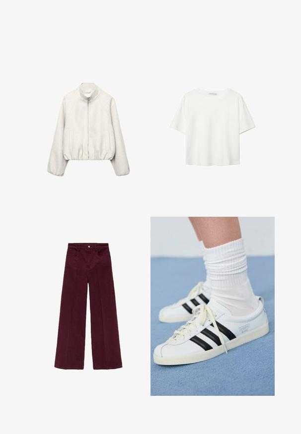 Svetložltá krátka bunda z mäkkého materiálu, vybavená stojatým golierom, zapínaním na zips, raglánovými rukávmi a elastickým lemom. Súčasťou sú dve predné vrecká.; Biela krátkopsová tričko vyrobené z bavlny. Má okrúhly výstrih a voľný strih. Hladká textúra bez viditeľných vzorov alebo akcentov.; Bordové široké nohavice vyrobené z mäkkej zmesi bavlny, s predným zapínaním na gombík, dvoma bočnými vreckami a čistým lemom.; Biele kožené tenisky s čiernymi pruhmi, krémovou podrážkou a svetlými šnúrkami. Nosené s bielymi rebrovanými ponožkami, umiestnené na modrom pozadí.