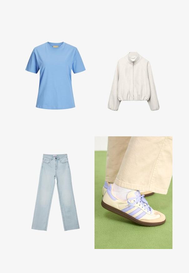 Světlobéžová krátká bunda z jemné látky, s límcem na stojáček, zapínáním na zip, raglánovými rukávy a elastickým lemem. Obsahuje dvě přední kapsy.; Světle modré tričko s krátkým rukávem z měkké bavlny. Design s kulatým výstřihem, uvolněný střih a bez viditelných vzorů nebo akcentů.; Světle modré denimové široké džíny. Obsahují pět kapes, zapínání na knoflíky a vybledlé detaily. Klasický rovný střih s volným cílem.; Krémové a levandulové tenisky se třemi pruhy a texturovanou hnědou podrážkou, vybavené tkaničkami a polstrovanou patou. Měkký textilní svršek.