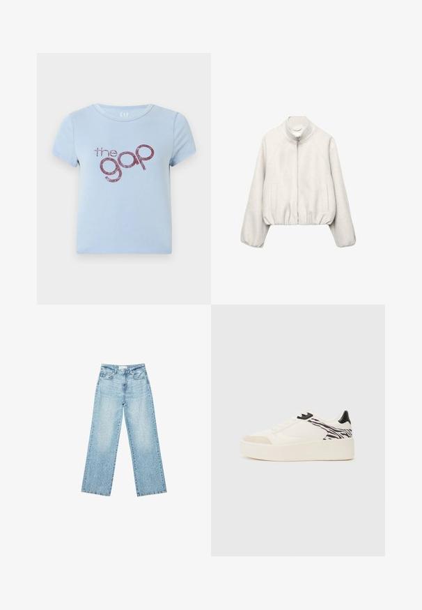 Lichtbeige cropped jack in zachte stof, met een opstaande kraag, ritssluiting, raglanmouwen en elastische zoom. Voorzien van twee steekzakken aan de voorkant.; Lichtblauwe katoenen t-shirt met een ronde halslijn en korte mouwen. Heeft een glanzende bordeauxrode logo tekst "the gap" in een speelse lettertype.; Lichtblauwe denim wijde-lange jeans met een hoge taille, voorzien van een vervaagde wassing en kleine, verspreide versleten details overal.; Even&Odd Sneakers laag - white/black