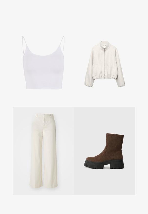 Svijetlo bež kratka jakna od mekanog tkanja, s ovratnikom koji stoji, zatvaranjem na patentni zatvarač, raglan rukavima i elastičnim rubom. Uključene su dvije prednje džepove.; Bijela majica s tankim podesivim naramenicama, prilagođenog kroja i glatke, rastezljive teksture bez uzoraka ili ukrasa.; Hlače širokih nogavica u svijetloj bež boji, izrađene od glatke tkanine. Imaju klasičnu elastičnu traku u struku i ravni prednji dio s čistim linijama.; Smeđi antilop čizmi do gležnjeva s teksturiranim završetkom, okruglim vrhom i masivnom crnom gumom potplatom s uzorkom.