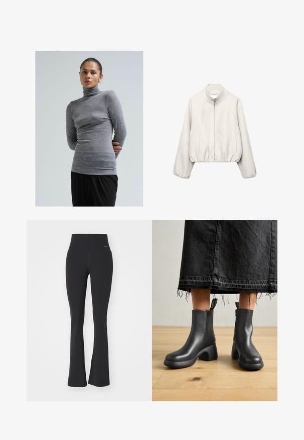 Veste cropped beige clair en tissu doux, dotée d'un col montant, d'une fermeture éclair, de manches raglan et d'un ourlet élastiqué. Deux poches avant incluses.; Haut à col roulé gris à manches longues en tissu doux et texturé, présentant une silhouette ajustée et de subtiles rayures horizontales. Associé à un pantalon noir.; Pantalons de yoga noirs avec une taille haute, fabriqués en tissu extensible. Présente un design évasé et un petit logo Nike à la taille.; Bottes noires en cuir à cheville avec un talon épais et une fermeture éclair sur le côté, dotées d'une semelle texturée et d'une languette pour un enfilage facile.