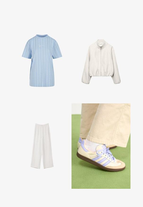 Svijetlo bež kratka jakna od mekanog tkanja, s ovratnikom koji stoji, zatvaranjem na patentni zatvarač, raglan rukavima i elastičnim rubom. Uključene su dvije prednje džepove.; Svijetloplavi T-shirt s horizontalnim bijelim prugama, kratkim rukavima, visokim izrezom i suptilnim izvezenim logotipom sprijeda.; Bijele hlače širokih nogavica napravljene od lagane tkanine. Imaju elastičan pojas s ušicom i bočne džepove. Glatka tekstura.; Kremasto-ljubičaste tenisice s tri pruge i strukturiranim smeškim potplatom, s vezicama i podstavljenim petom. Mekana gornja tkanina.