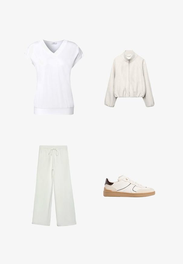 Hellbeige, kurz geschnittene Jacke aus weichem Stoff, mit Stehkragen, Reißverschluss, Raglanärmeln und elastischem Saum. Zwei Fronttaschen inklusive.; Cecil V-NECK - T-Shirt basic - weiß; Weiße, weit geschnittene Hose aus weichem Stoff. Mit einem elastischen Bund und einem Kordelzug sowie einer glatten Oberfläche. Keine sichtbaren Muster oder Hardware.; Stradivarius Sneaker low - white