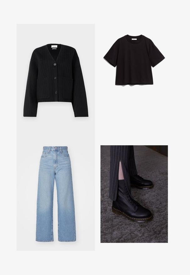 Czarny kardigan w paski, zapinany na guziki, z dekoltem w serek i dwiema przednimi kieszeniami na jednolitym białym tle.; Czarny bawełniany t-shirt krótki z okrągłym dekoltem i krótkimi rękawami. Charakteryzuje się luźnym krojem oraz prostym, nieozdobionym wzorem.; Jasnoniebieskie jeansy z wysokim stanem i szerokimi nogawkami, z zapięciem na guziki i zamek z przodu, przednie i tylne kieszenie, na białym tle.; Czarne skórzane buty na sznurówki z fakturowanym wykończeniem, żółtymi przeszyciami i solidną, przezroczystą podeszwą. Połączone ze spodniami w paski z zamkami błyskawicznymi.