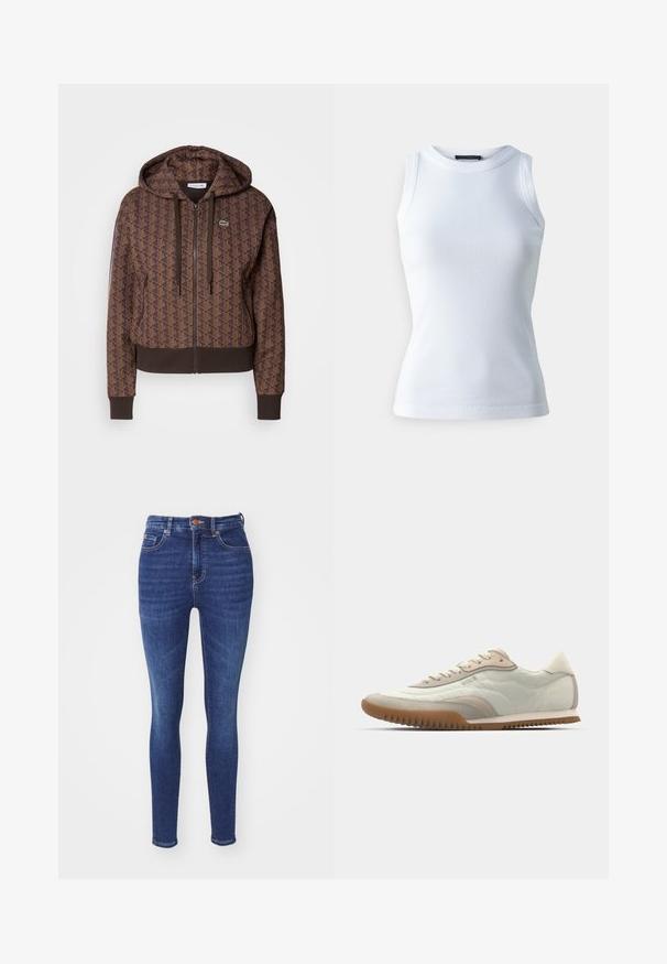 Hanorac maro cu fermoar, cu un model geometric pe întreaga suprafață, cu șnururi ajustabile, mansete ribbate și o margine contrastantă. Logo-ul Lacoste pe piept.; Top alb fără mâneci, confecționat dintr-un material cu model de rib pe interior, având un decolteu rotund și o siluetă ajustată. Textură netedă, fără modele sau accente vizibile.; BOSS MAYE  - Blugi skinny fit - bright blue; Adidași albi și bej, cu un design superior neted și accente de piele întoarsă, o talpă texturată și cusături tonale. Închidere cu șireturi, detaliu cu logo.