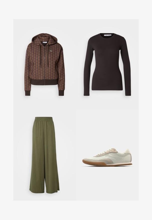 Brun hettejakke med glidelås, prydet med et helede geometrisk mønster, justerbare snorer, ribbestrikkede mansjetter og en kontrastfarget hem. Lacoste-logo på brystet.; Svart langermet topp laget av myk, elastisk stoff. Har rund hals og slank passform med jevn tekstur og ingen synlige mønstre.; DRYKORN CEILING - Bukse - green; Hvite og beige sneakers med en glatt overdel med semsket skinn-detaljer, en teksturert såle og tonede sømmer. Snøring med logo-detalj.