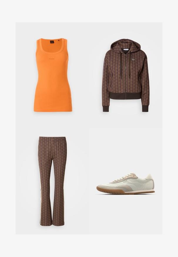 Ruda užtrauktuku užsegama džemperis su viso paviršiaus geometriniu raštu, reguliuojamomis raištelėmis, gumuotais rankogaliais ir kontrastinga apačia. Lacoste logotipas ant krūtinės.; Oranžinė briaunuota marškinė su apvaliu iškirpimu ir BOSS logotipu siuvinėtu centre. Prigludusi siluetas, lengva medžiaga ir be rankovių dizainas.; Rudos raštuoti plačiakelniai kelnių su tekstūruotu dizainu, su šoninėmis juostelėmis. Elastinga juosmens juosta suteikia patogumą.; Baltos ir kreminės spalvos sportbačiai su lygiu paviršiumi ir zomšiniu akcentu, su tekstūruotu padu ir toniniu siuvimu. Raštuotas užsegimas su logotipo detale.