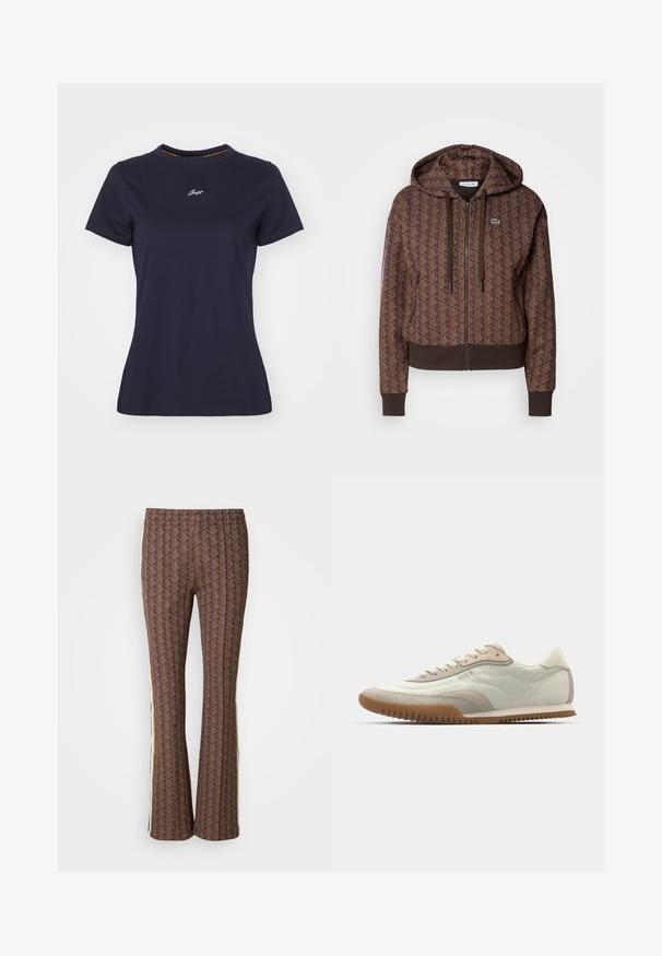 Hnědá zipová mikina s kapucí s celoplošným geometrickým vzorem, nastavitelnými šňůrkami, žebrovanými manžetami a kontrastním lemem. Logo Lacoste na prsou.; Tmavě modré bavlněné tričko s kulatým výstřihem, krátkými rukávy a malým bílým vyšitým logem na prsou. Hladká textura.; Hnědé kalhoty s rozšířenými nohavicemi a texturovaným vzorem, s bočními pruhy. Elastický pas pro pohodlí.; Bílé a béžové sneakers s hladkým svrškem a semišovými detaily, strukturovanou podešví a tónovaným prošíváním. Šněrování s logem.