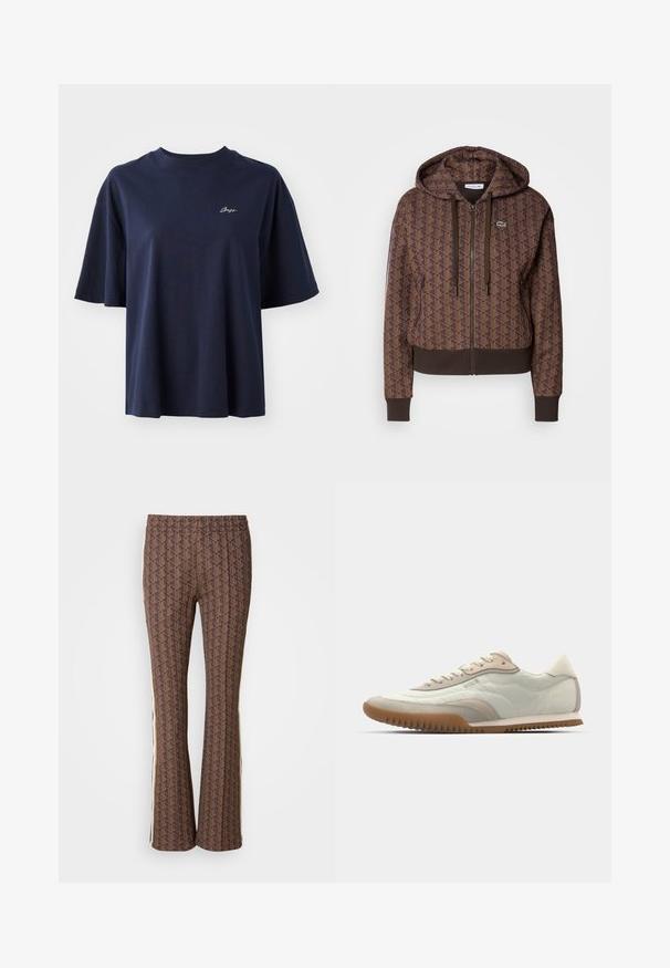 Ruda užtrauktuku užsegama džemperis su viso paviršiaus geometriniu raštu, reguliuojamomis raištelėmis, gumuotais rankogaliais ir kontrastinga apačia. Lacoste logotipas ant krūtinės.; Tamsiai mėlynas per didelis medvilninis marškinėliai su trumpomis rankovėmis ir apvali iškirpte, su mažu baltu siuvinėtų logotipu ant krūtinės.; Rudos raštuoti plačiakelniai kelnių su tekstūruotu dizainu, su šoninėmis juostelėmis. Elastinga juosmens juosta suteikia patogumą.; Baltos ir kreminės spalvos sportbačiai su lygiu paviršiumi ir zomšiniu akcentu, su tekstūruotu padu ir toniniu siuvimu. Raštuotas užsegimas su logotipo detale.