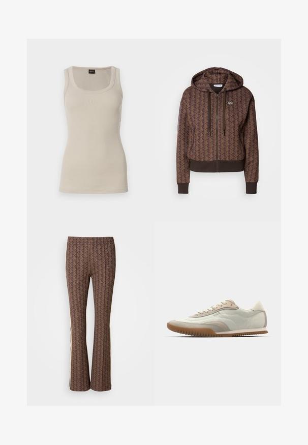 Sudadera con cremallera de color marrón con un patrón geométrico en toda la prenda, cordones ajustables, puños acanalados y un dobladillo en contraste. Logo de Lacoste en el pecho.; Top sin mangas de canalé en beige claro con escote redondo. Presenta un sutil logo de 'BOSS' en la parte delantera. Confeccionado con una tela suave y elástica.; Pantalones acampanados marrón con un diseño texturizado y estampado, que presentan rayas laterales. Cintura elástica para mayor comodidad.; Zapatilla blanca y beige con una parte superior lisa y acentos de gamuza, suela texturizada y costuras en tonos. Cierre de cordones con detalle de logo.