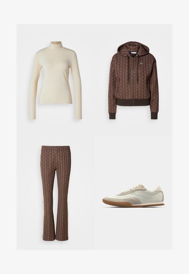Brun hettejakke med glidelås, prydet med et helede geometrisk mønster, justerbare snorer, ribbestrikkede mansjetter og en kontrastfarget hem. Lacoste-logo på brystet.; Kremfarget langermet polo-overdel laget av glatt, elastisk stoff; tettsittende design med høy hals og ingen synlige mønstre eller aksenter.; Brune mønstrede brede bukser med en tekstureret design, der har sidelister. Elastisk talje for komfort.; Hvite og beige sneakers med en glatt overdel med semsket skinn-detaljer, en teksturert såle og tonede sømmer. Snøring med logo-detalj.