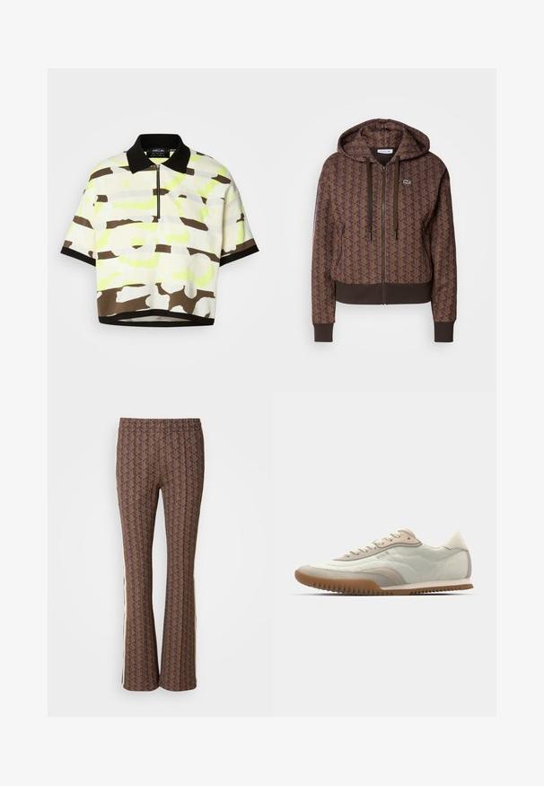Brown zip-up hoodie featuring an all-over geometric pattern, adjustable drawstrings, ribbed cuffs, and a contrasting hem. Lacoste logo on chest.; Short-sleeve polo shirt in a lightweight fabric featuring a bright yellow, brown, and gray abstract pattern, with a black collar and zip closure.; Brown patterned flared pants with a textured design, featuring side stripes. Elastic waistband for comfort.; White and beige sneaker featuring a smooth upper with suede accents, a textured sole, and tonal stitching. Lace-up closure with logo detail.