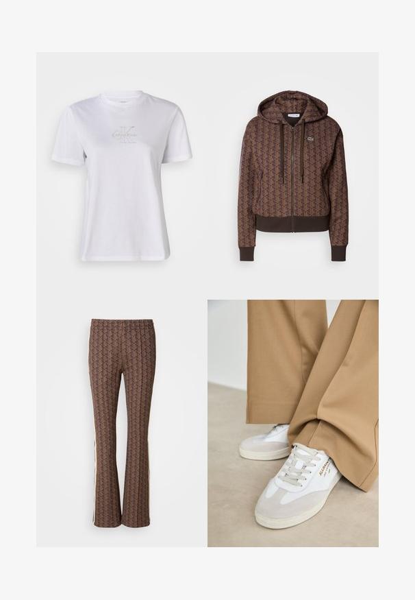 Brązowa bluza z zamkiem błyskawicznym, z geometrycznym wzorem w całej powierzchni, regulowanymi sznurkami, ściągaczami oraz kontrastowym dołem. Logo Lacoste na piersi.; Biała bawełniana koszulka z krótkim rękawem, z teksturowanym jasnoszarym logo "Calvin Klein" na piersi, okrągły dekolt.; Brązowe spódnie w stylu dzwonów z wzorem, z teksturowanym designem, z paskami po bokach. Elastyczny pas dla komfortu.; Białe trampki z zamszowymi akcentami, teksturowanym sznurowaniem i gumową podeszwą. W połączeniu z luźnymi brązowymi spodniami. Logo umieszczone z boku.