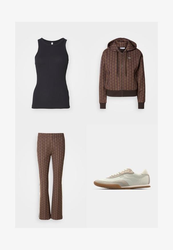 Ruskea vetoketjuhuppari, jossa on koko tekstuurilla oleva geometrinen kuvio, säädettävät nyörit, resorit hihansuissa ja erottuva helma. Lacoste-logo rinnassa.; Musta ilmanhiha tanktoppi, jossa on pyöreä kaula-aukko. Valmistettu pehmeästä puuvillakankaasta, se on muotoiltu istuvaksi ja siinä on sileä tekstuuri.; Ruske kuvioidut leveälahkeiset housut, joissa on rakennekuvio. Sivusomisteet. Joustava vyötärö mukavuutta varten.; Valkoinen ja beige lenkkari, jossa on sileä päällinen ja keinonahkaiset yksityiskohdat, teksturoitu pohja ja sävy sävyyn ompelut. Nauhakiinnitys logo-yksityiskohdalla.