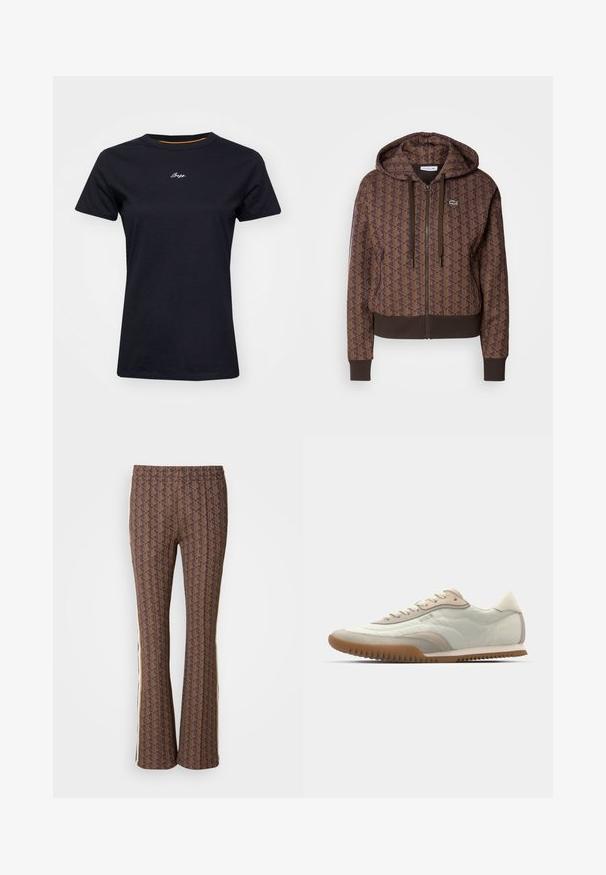 Brūns kapuce ar rāvējslēdzēju, kurai ir ģeometrisks raksts visā virsmā, regulējami aukliņu gali, ribotas aproces un kontrastējošs apakšmalas dizains. Lacoste logo uz krūšu.; Melnas kokvilnas T-krekls ar īsām piedurknēm un apaļu kakla izgriezumu. Priekšpusē ir balta izšūta teksts un oranža akcenta krāsa apkakles iekšpusē.; Brūnas ar rakstu platās bikses ar tekstūrētu dizainu, kurām ir sānu svītras. Elastīga jostasvieta komfortam.; Baltās un smilšu krāsas sporta apavi ar gludu augšdaļu un zamša akcentiem, teksturēta zole un tonālas šuves. Ar šņorēšanas aizdarēm un logo detaļu.