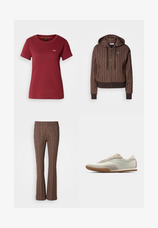 Brun lynlås hættejakke med et helt overflade geometrisk mønster, justerbare snore, ribbede manchetter og en kontrasterende kant. Lacoste logo på brystet.; Burgunderfarvet kortærmet t-shirt lavet af blødt bomuld, med en rund halsudskæring og et lille hvidt "Boss" logo på brystet.; Brune mønstrede flared bukser med et struktureret design og sidelange striber. Elastisk talje for komfort.; Hvide og beige sneakers med en glat overdel og suede detaljer, en tekstureret sål og tonet syninger. Snørelukning med logo detalje.