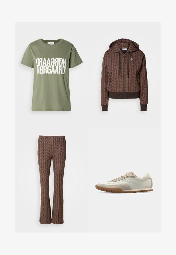Brun lynlås hættejakke med et helt overflade geometrisk mønster, justerbare snore, ribbede manchetter og en kontrasterende kant. Lacoste logo på brystet.; Olivengrøn bomulds t-shirt med korte ærmer, prydet med stor hvid vendt tekstdesign "NØRGAARD" i midten. Rund halsudskæring.; Brune mønstrede flared bukser med et struktureret design og sidelange striber. Elastisk talje for komfort.; Hvide og beige sneakers med en glat overdel og suede detaljer, en tekstureret sål og tonet syninger. Snørelukning med logo detalje.