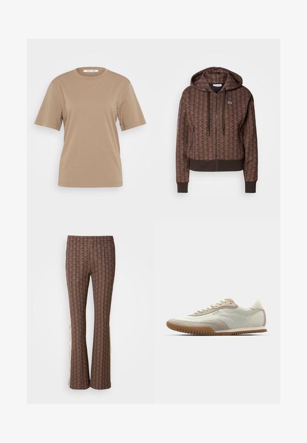 Hnedá mikina na zips s celoplošným geometrickým vzorom, nastaviteľnými šnúrkami, zúženými manžetami a kontrastným lemom. Logo Lacoste na hrudi.; Hnedé bavlnené tričko s krátkymi rukávmi, okrúhlym výstrihom a jemným embosovaným textom na prednej strane. Hladká textúra a voľný strih.; Hnedé kvetinové rozšírené nohavice s textúrovaným dizajnom, s bočnými prúžkami. Elastický pás pre pohodlie.; Biele a béžové tenisky s hladkým zvrškom a akcentmi z semišu, textúrovanou podrážkou a tónovým prešívaním. Šnurovanie s detailom loga.