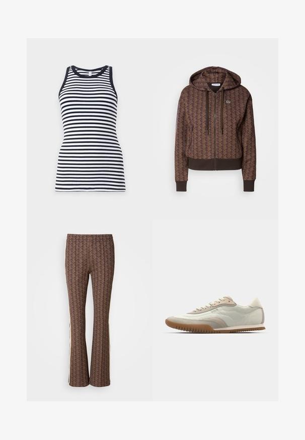 Hnedá mikina na zips s celoplošným geometrickým vzorom, nastaviteľnými šnúrkami, zúženými manžetami a kontrastným lemom. Logo Lacoste na hrudi.; Námornícky modrý a biely prúžkovaný bezrukávový top s okrúhlym výstrihom a rebrovanou textúrou, s priliehavým strihom.; Hnedé kvetinové rozšírené nohavice s textúrovaným dizajnom, s bočnými prúžkami. Elastický pás pre pohodlie.; Biele a béžové tenisky s hladkým zvrškom a akcentmi z semišu, textúrovanou podrážkou a tónovým prešívaním. Šnurovanie s detailom loga.