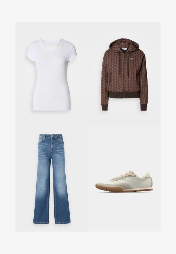 Sudadera con cremallera de color marrón con un patrón geométrico en toda la prenda, cordones ajustables, puños acanalados y un dobladillo en contraste. Logo de Lacoste en el pecho.; Camiseta blanca de manga corta hecha de tejido acanalado, con un escote redondeado y un detalle de corte en la parte posterior. Sin patrones ni adornos.; Jeans de mezclilla anchos en un azul claro, con una cintura alta, que cuentan con cinco bolsillos, trabillas para el cinturón y un sutil efecto de desgastado hacia el dobladillo.; Zapatilla blanca y beige con una parte superior lisa y acentos de gamuza, suela texturizada y costuras en tonos. Cierre de cordones con detalle de logo.