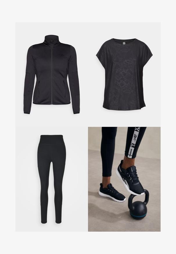 Fekete cipzáras dzseki magas gallérral, sima, rugalmas anyagból készült, elöl két cipzáras zsebbel és texturált ujakkal.; Fekete, rövid ujjas póló sima anyagból, diszkrét hüllőmintával, kerek nyakkal és laza fazonnal a kényelmes mozgás érdekében.; Fekete leggings rugalmas anyagból, magas derékkal, az oldalukon bordázott panelekkel és szűkített fazonnal, amely a bokánál szűkül.; Fekete sportcipők, textúrával ellátott felsőrésszel, fehér talppal és szürke akcentusokkal, egy fekete kettlebellre helyezve, kék csíkkal, semleges háttér előtt.