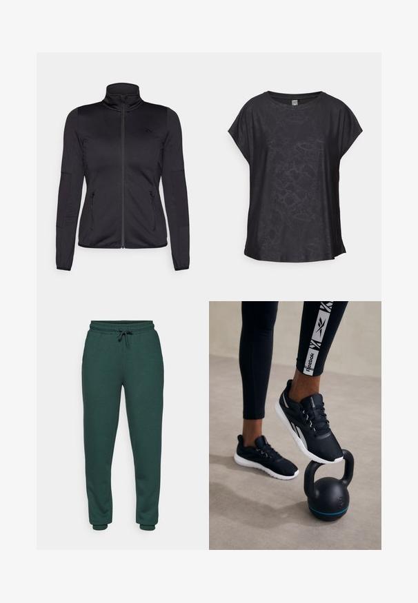 Melns zip-up jakas ar augstu apkakli, izgatavota no gludas, elastīgas auduma, ar divām kabatām priekšpusē ar rāvējslēdzējiem un teksturētām piedurknēm.; Melnā īsā piedurkne augšdaļa gludā audumā, ar maigu reptilu rakstu, apaļu kakla izgriezumu un brīvu piegriezumu, lai nodrošinātu ērtu kustību.; Zaļi sporta bikses, kas izgatavotas no mīksta, teksturēta auduma. Aprīkotas ar elastīgu jostu ar auklu, sašaurinātām kājām un pieguļošiem fasoniem pie potītēm.; Melni sporta apavi ar struktūrētu augšdaļu, balto zoli un pelēkiem akcentiem, novietoti uz melna kettlebella ar zilā svītru, uz neitrāla fona.